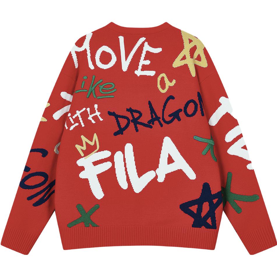 FILA Da Da Dragon Series New Year Couple Knitted Sweater With Color Block Fun Handwritten Pattern Unisex Sweater Legendary-Red F11U419402F-RD