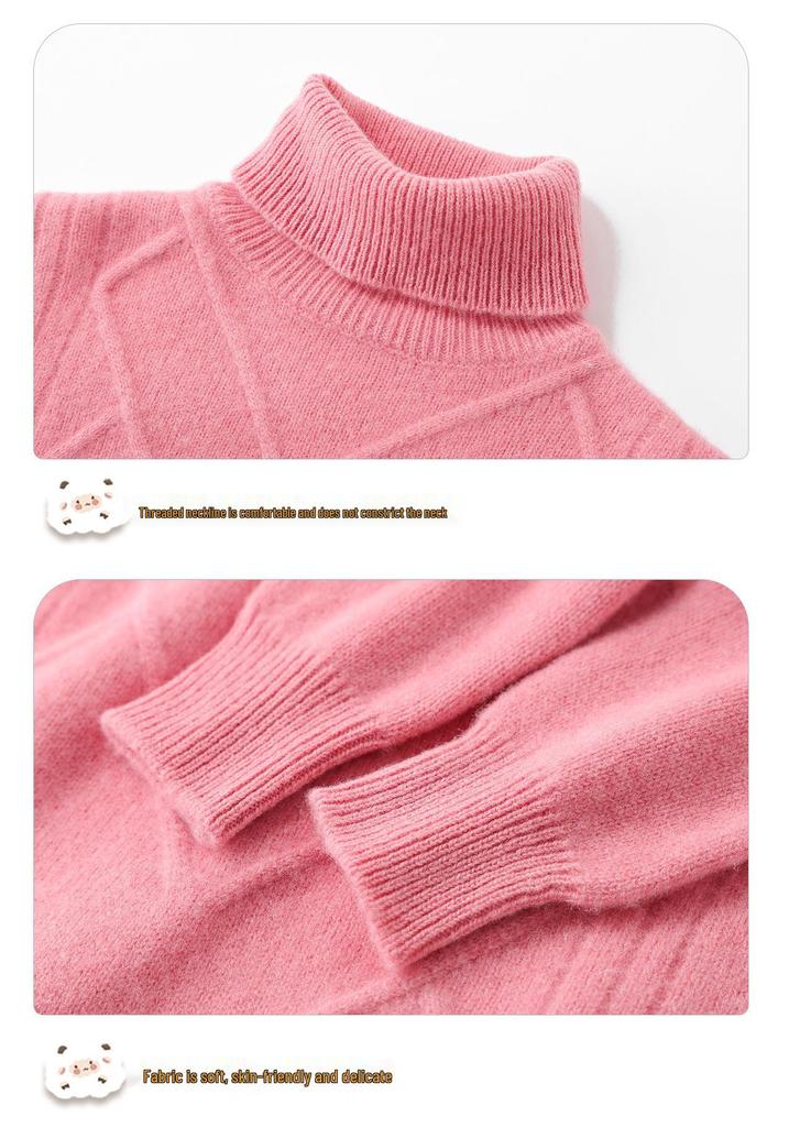 Children's Cozy Thick Wool Turtleneck Sweater - Solid Color, Loose Fit, Long Sleeve, Autumn/Winter Base Layer