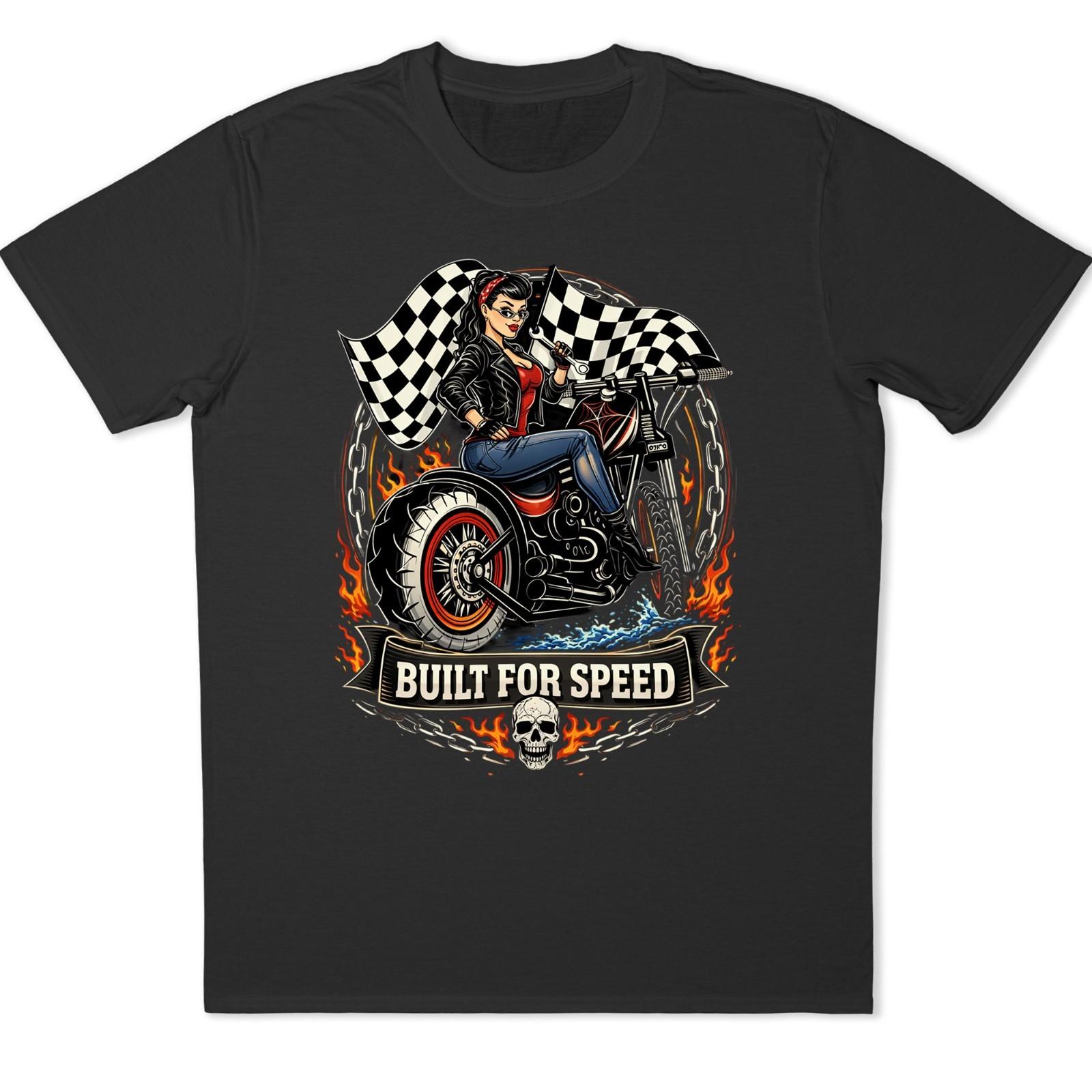 Built for Speed Pinup Girl Biker T-Shirt Motorcycle Racing Flag Graphic Tee. L