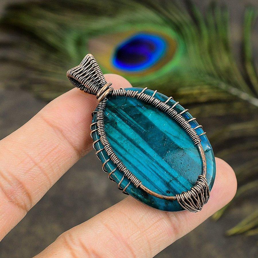 Natural Blue Labradorite Gemstone Copper Wire Wrap Gift Pendant 2.29" C1U86