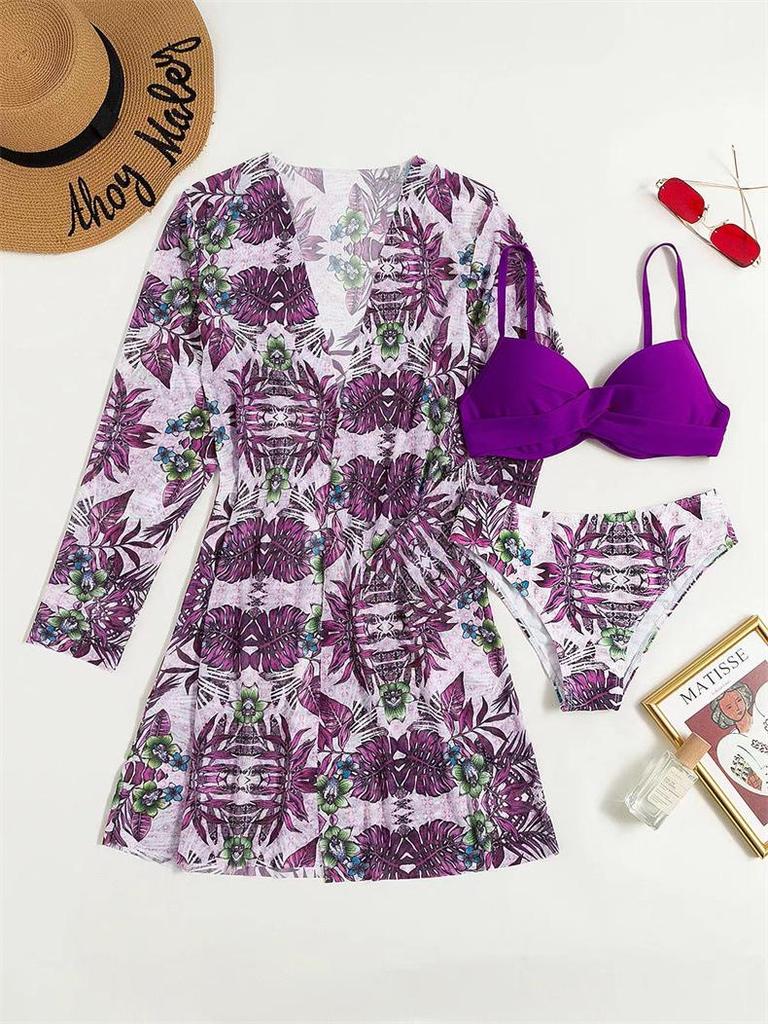 2023 European & American Women's Three-Piece Bikini Set with Cardigan, High-Waisted Bottoms, and Sunscreen Cover-Up.