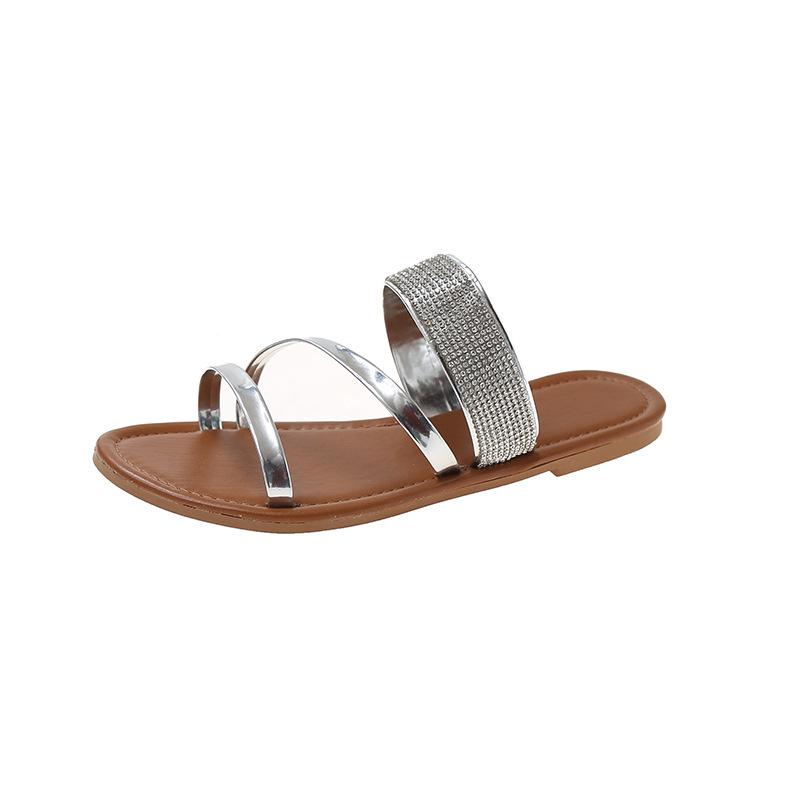 Plus Size Women s Rhinestone One-Strap Open Toe Flat Sandals - Spring 2026 40 серебряный