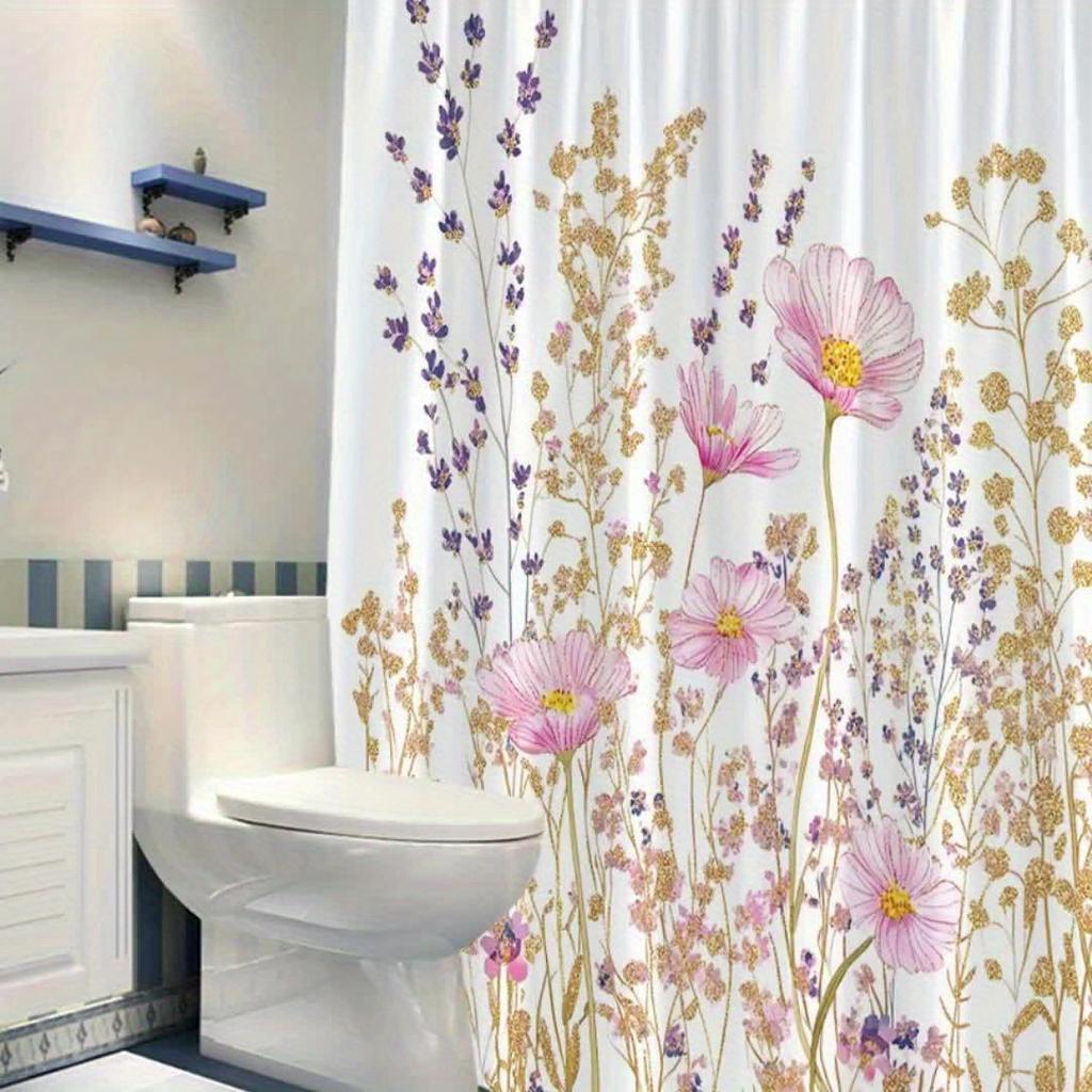1pc Soft Pastel Floral Shower Curtain, Polyester Fabric, Machine Washable, with Hook, Suitable for Bathroom Decoration