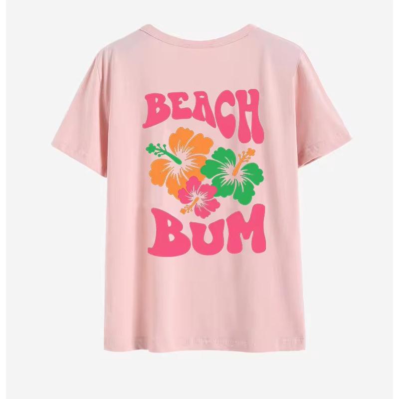 BEACH BUM 2024 Hot Sale Loose Round Neck Casual Short Sleeve Letter Print Half Sleeve T-shirt for Women