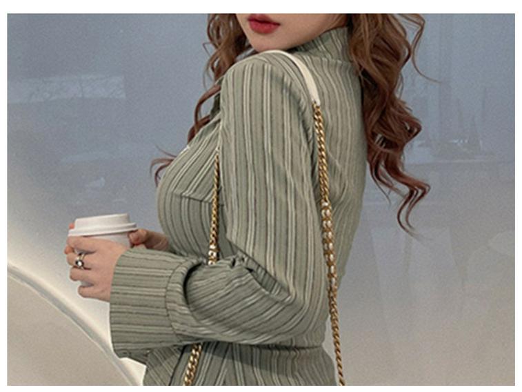 Women's Slim-Fit Green Striped Polo Collar Long-Sleeved Shirt