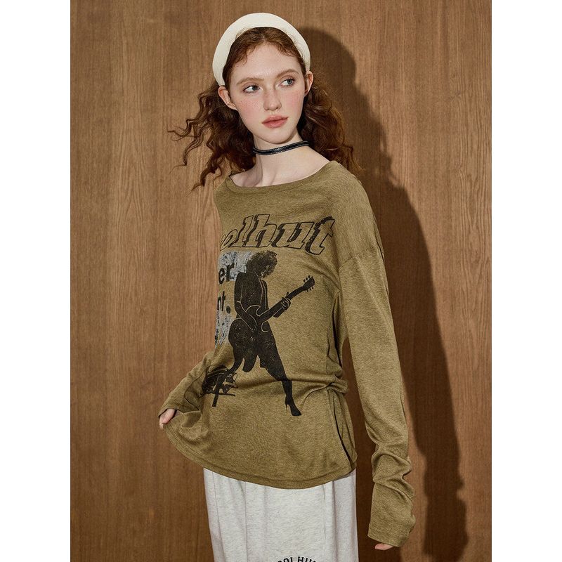 Coolhut American Retro Print Loose and Comfortable Loose-Fitting 2025 Summer Women's T-Shirt with Tencel Letters