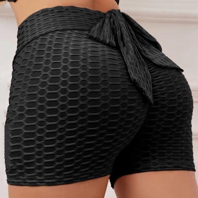 Damen-Sportshorts, elastisch, hohe Taille, einfarbig, mit Schnürung, schmale Passform, schmal, über dem Knie, weich, atmungsaktiv, lässig, täglich, Yoga, Radfahren