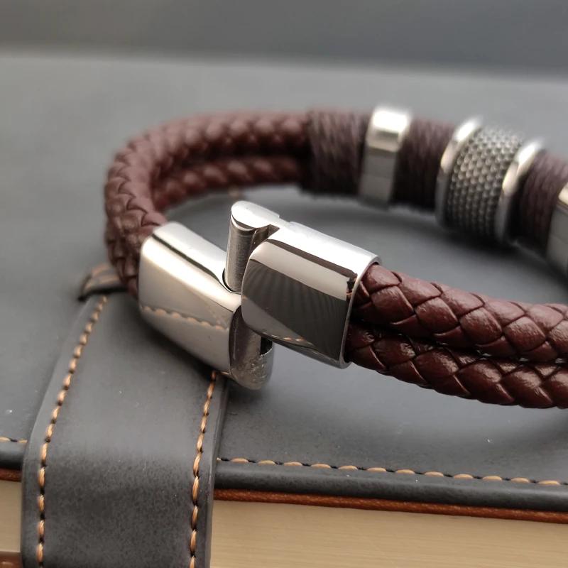 Luxury Vintage Brown Leather Men Bracelet Stainless Steel Bead Wrist Bangle Christmas Gifts for Him