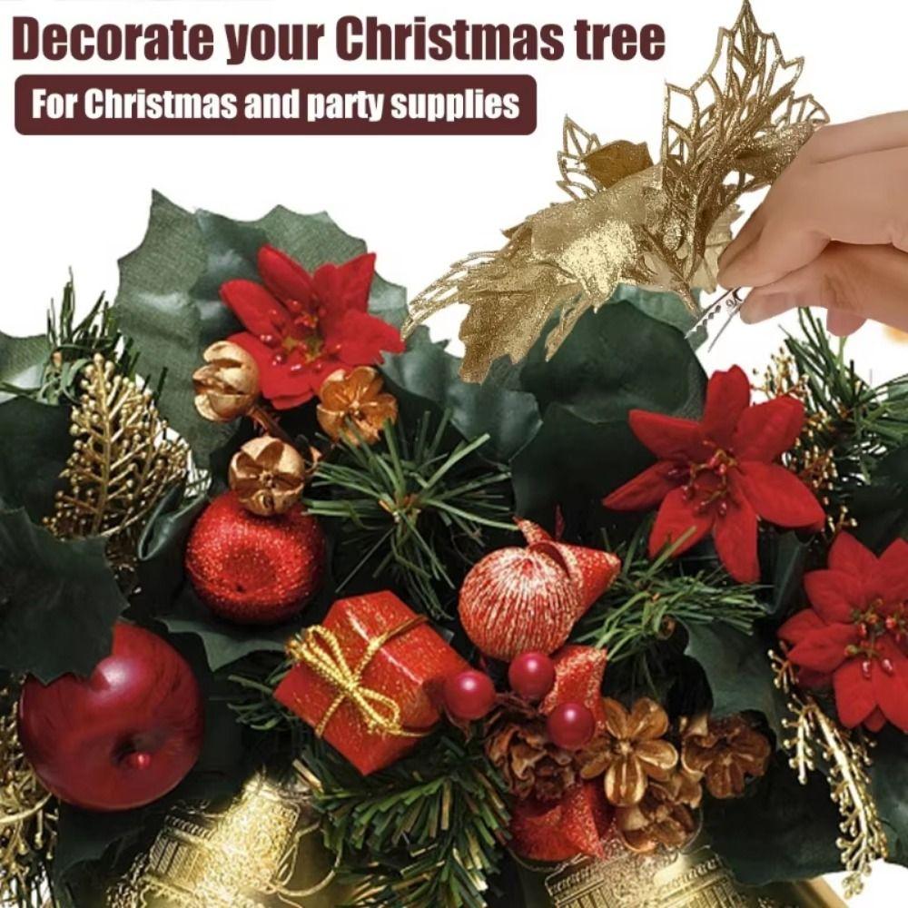 12Pcs With Clips Artificial Christmas Flowers with Stems Christmas Fake Blooms Wedding Decor