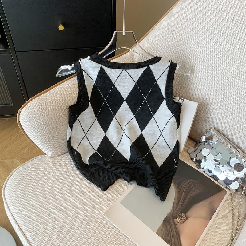 Autumn Fashion Casual Argyle Knitted Sweater Vest Women Winter Retro Sleeveless Pullover Sweater Women Waistcoat  Round Neck Knitwear Vests 24821