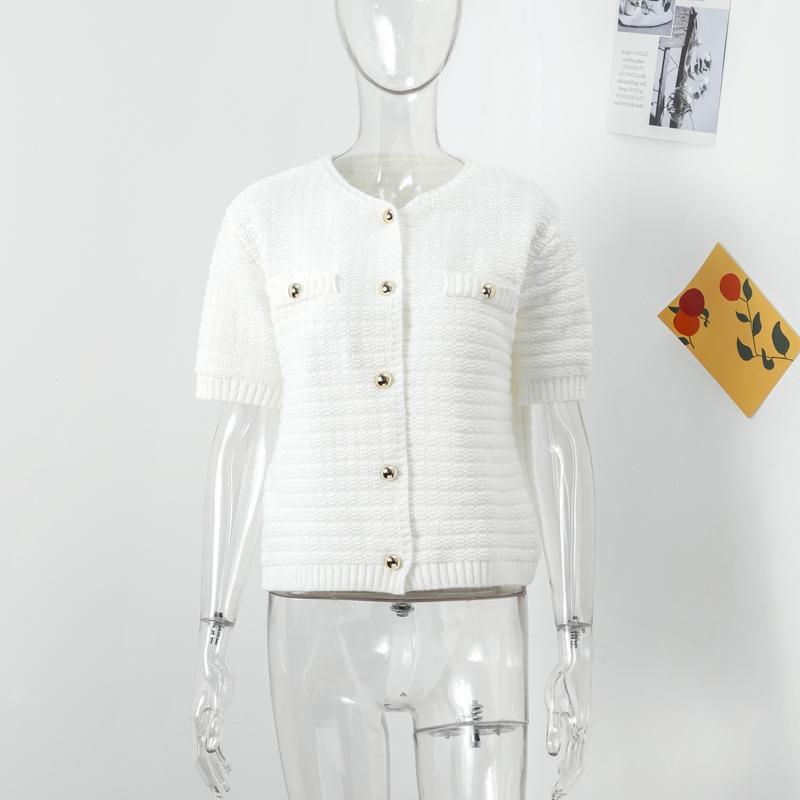 Elegant Knitted Tweed Cardigan Women Solid Single Breasted O-neck Short Sleeve Sweater Vest 2024 Autumn New Lady All-match Tops