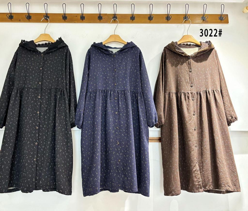 Herbst/Winter Floral Mori Stil Kapuzen Baumwolle Leinen Kleid Mantel für Damen