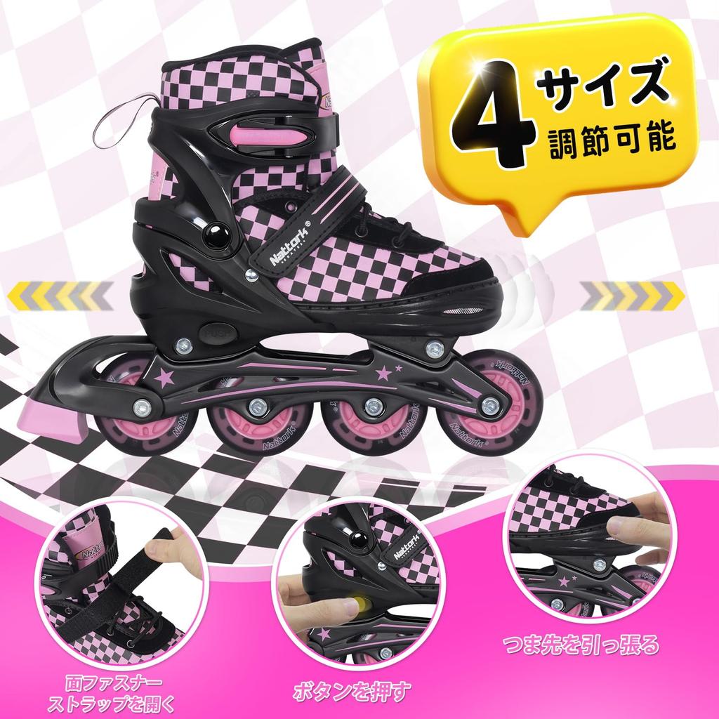 Nattork Inline Skates for Children, Roller Skates, Checkered Series, Pink & Black, Size M (20.5-23cm)