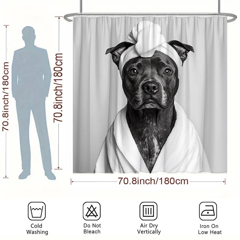 Pitbull Bathrobe Shower Curtain - Black & White Dog Design, Includes Turban & Robe, Polyester, 70.8X70.8 Inches, Washable