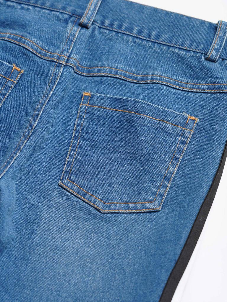 Kids Girls Casual Stripe Side Long Pants Elastic Waistband Ripped Bell-bottom Hem Denim Pants