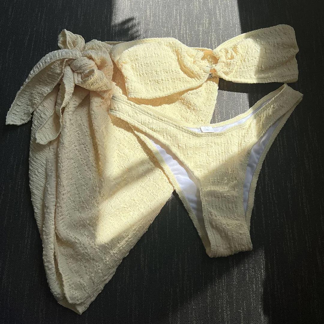 

С саронг бандо без бретелек сморщенный бикини женский купальник женский купальник из трех частей бикини комплект купальный костюм L светло-желтого