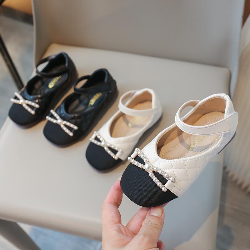 Girls Leather Shoes for Party Wedding Children Shallow Princess Shoes Fashion Kids Pearls Performance Shoes with Bow-knot