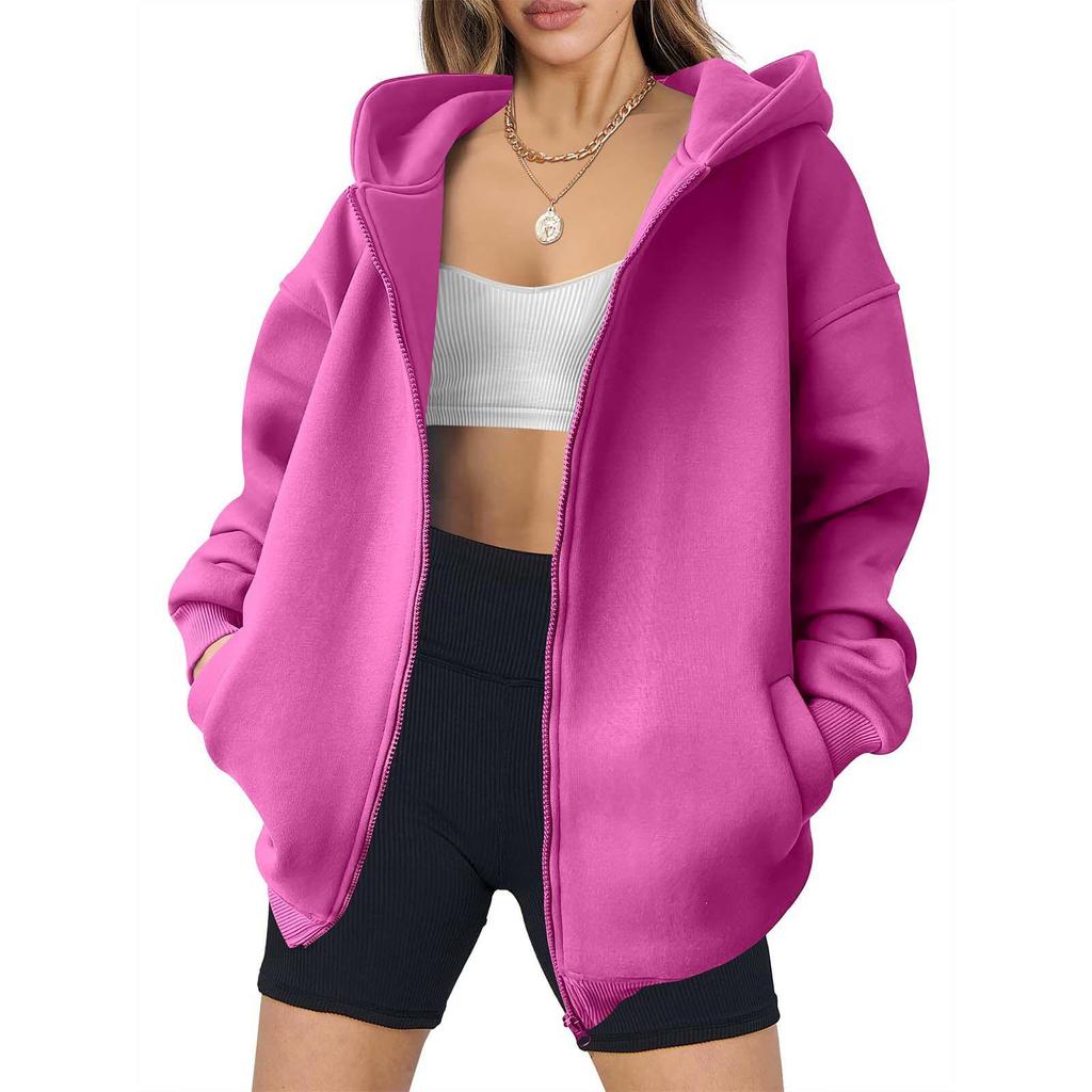 2024 Oversized Women's Zip-Up Hoodie with Pockets – European & American Casual Autumn Sweatshirt