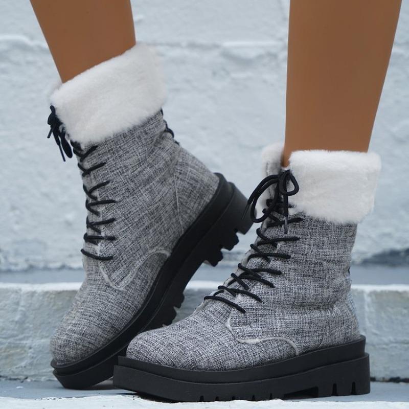 

Winter Mid calf Boots Fur Thick Sole Non slip Fashion Solid Color Lace up New Women Boots Classic Retro Martin Boots D201 41
