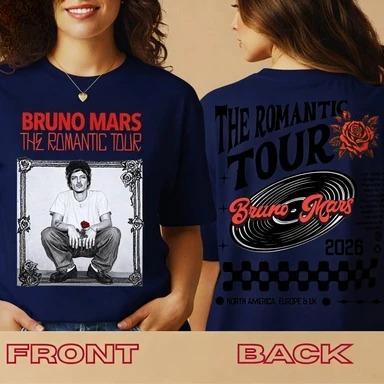 

Bruno Mars The Romantic Tour 2026 Rose & Vinyl Double-Sided Vintage Black T-Shirt | Pop Music Concert Fan Merch Tee 4XL чорний