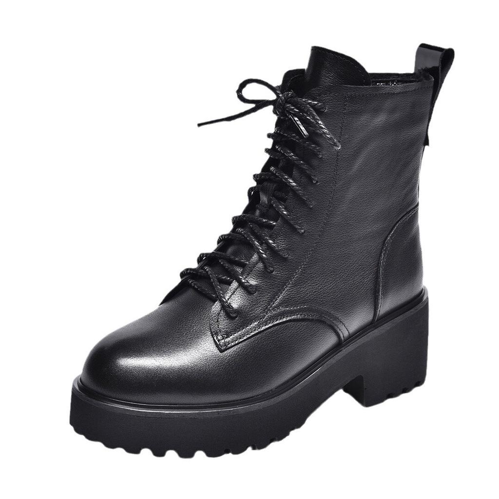 Women's boots 2025 winter new British style platform leather boots black first layer cowhide lace-up short boots casual muffin boots