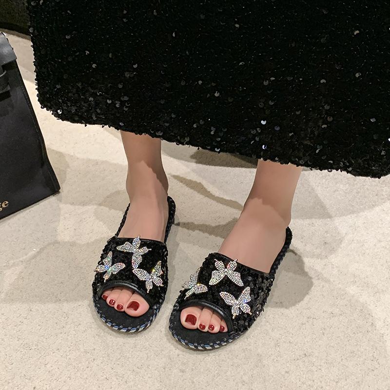 Fashion Aphixta Bling Butterfly Slippers Woman Shoes For Summer Outdoor Luxury Slides Gold Sequine Upper Sewing Slides chanclas de mujer