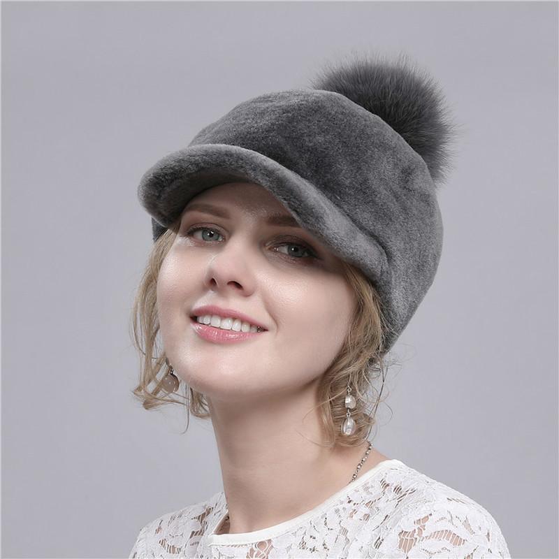 

Кепка с козырьком из овечьего меха для осени и зимы, женская новая теплая шерстяная шапка из натурального лисьего меха серый