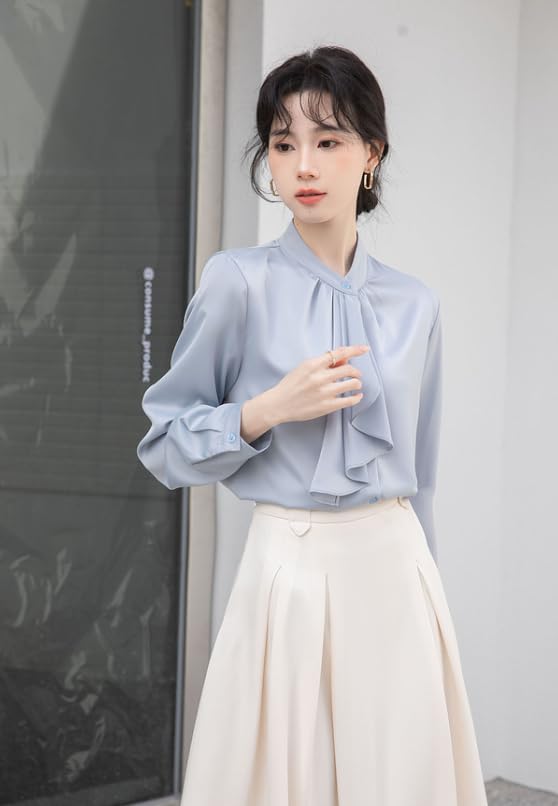 [SYitong] Women's Long-Sleeved Plain Blouse, Stylish, Washable, Collarless, White/Pink, Lined, Business/Office, Cute, Popular, Date, Outing, Commuting