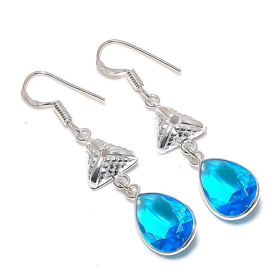Natural Blue Topaz Gemstone 925 Sterling Silver Jewelry Earring 2.09 ETC-14102