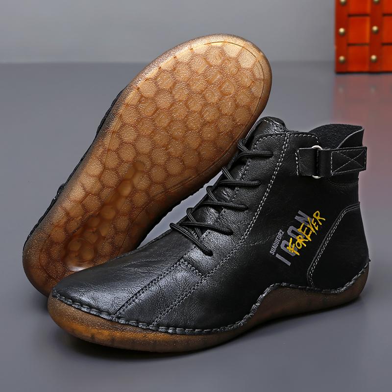 Men Handmade Leather Shoes Casual Hiking Boots Outdoor Black High Top Wide Palm Driving Shoes Large Size