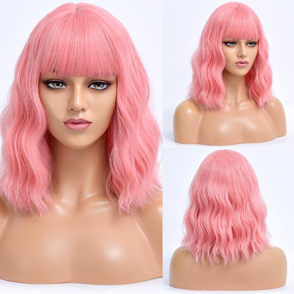 Short Bob Synthetic Wig Ombre Pink Water Wave Hair Wigs For Black Women With Bangs Cosplay Lolita Heat Resistant Natural Hair