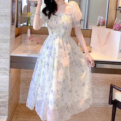 Robe en mousseline de soie vintage d'été décontractée à col carré, robe florale de fête élégante à manches courtes, robes longues pour femmes 20044