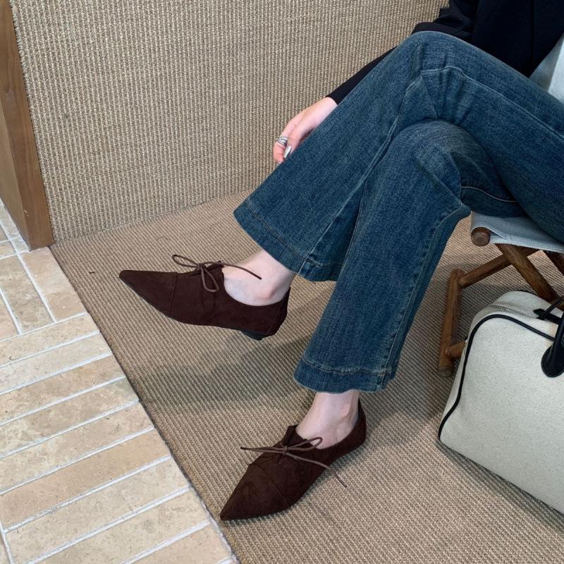 2025 Autumn Models Pointed Head Shallow Mouth Lace-up Roman Style Low Heel Soft Casual Fashion Women's Shoes