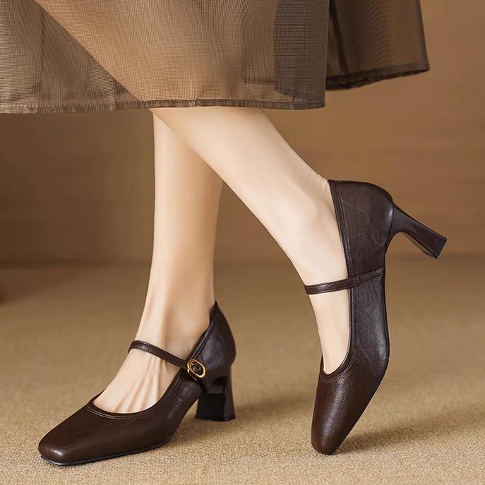 Sheepskin version French retro black high heels 2025 spring word with commuter work thick heel Mary Jane shoes