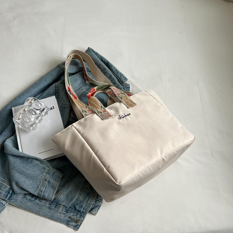 Nylon Tote Bag For Women With Fashionable Wide Shoulder Strap Chic Color Options Leaves White
