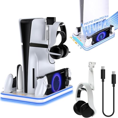 

PS5 Pro/PS5 Slim/PS5 Compatible Vertical Stand [New 5-in-1] PS5 Controller Charging Stand Multifunctional Cooling Fan for PlayStation 5 Pro Vertical S