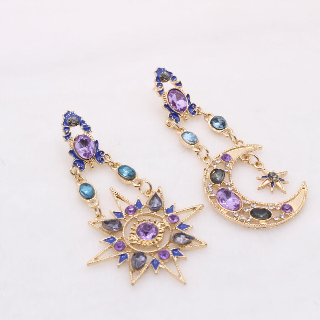 Women Style Star Sun Moon Crystal Asymmetry Dangle Earrings