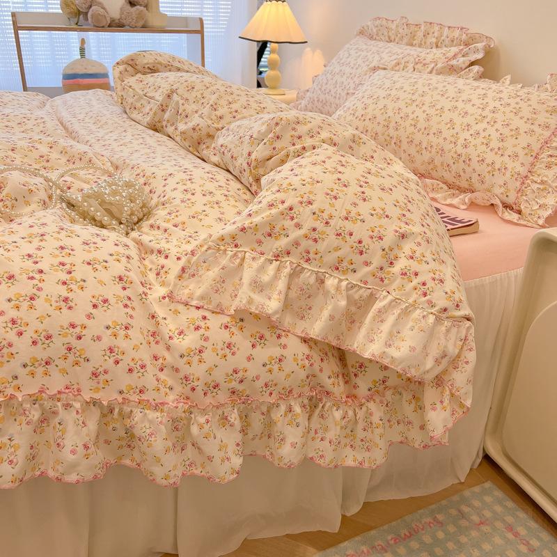 Sweet Flower Printed Bed Skirt Bedding Set Skin Friendly Cotton Nude Sleeping Comforter Set Class-A Twin Single Home Textile