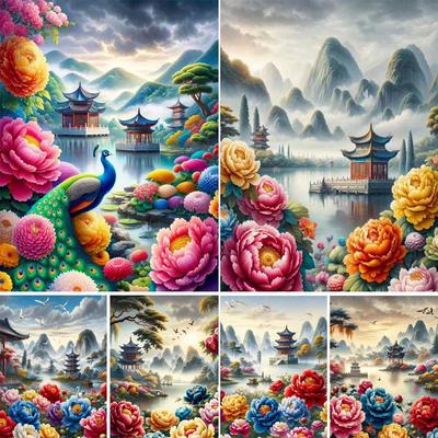 DIY Diamond Painting Cross Stitch Kit Peony Flowers and Pavilions Full Square Diamond Mosaic New Collection 2024 Home Decor Gift