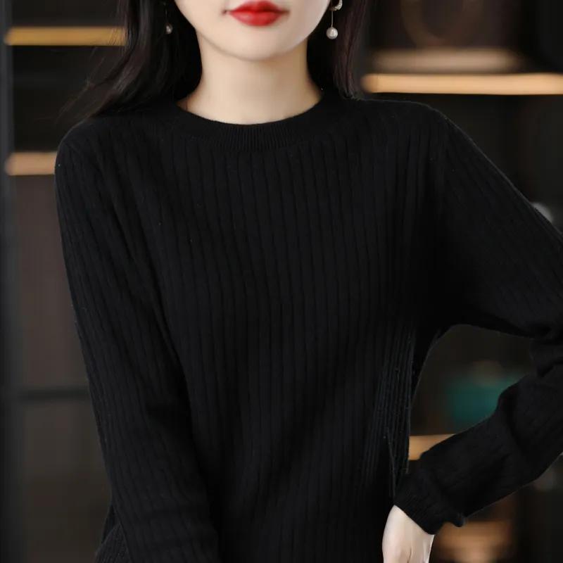 Damen Herbst Winter Pullover O-Ausschnitt Pullover Streifen Langarm Strickware Damen Slim Warm Unterzieh-Tops