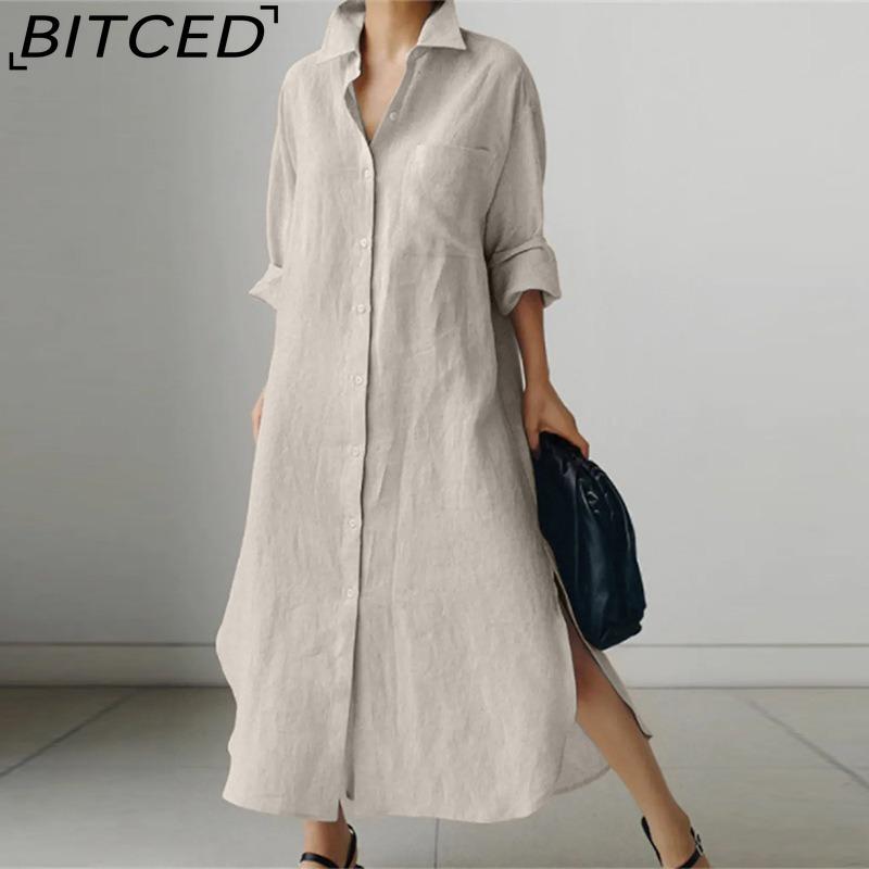 BITCED Women's Casual Loose Turn-Down Collar Long Sleeve Shirt Dress