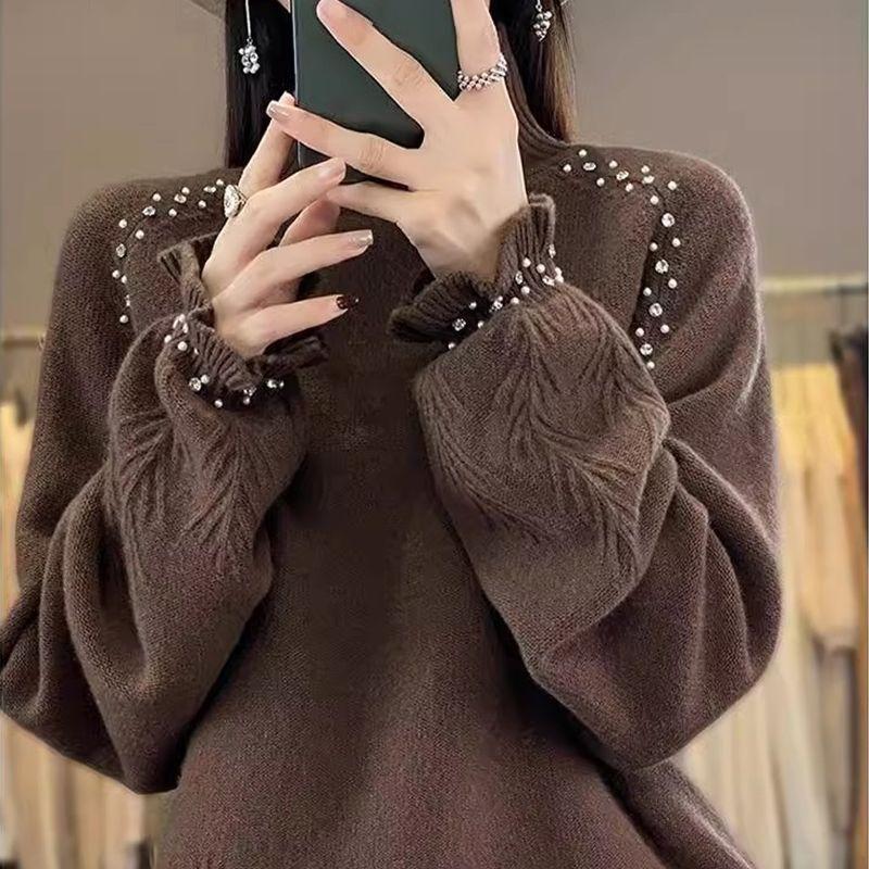 Women's Turtleneck Sweater Autumn Winter Beaded Loose Sweater Solid Color Pullover Knit Top