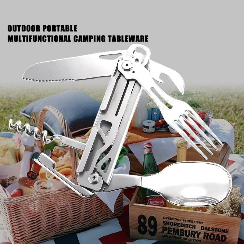 Multifunctional EDC Folding Outdoor Tableware Camping Portable Meal Knife Fork Spoon Bottle Outdoor Camping Cookware Titanium