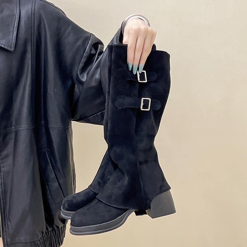 Retro Women Trouser Legs Removable Belt Buckle Autumn Winter Thick Heel Ladies Elegant Long Booties for Adult Women