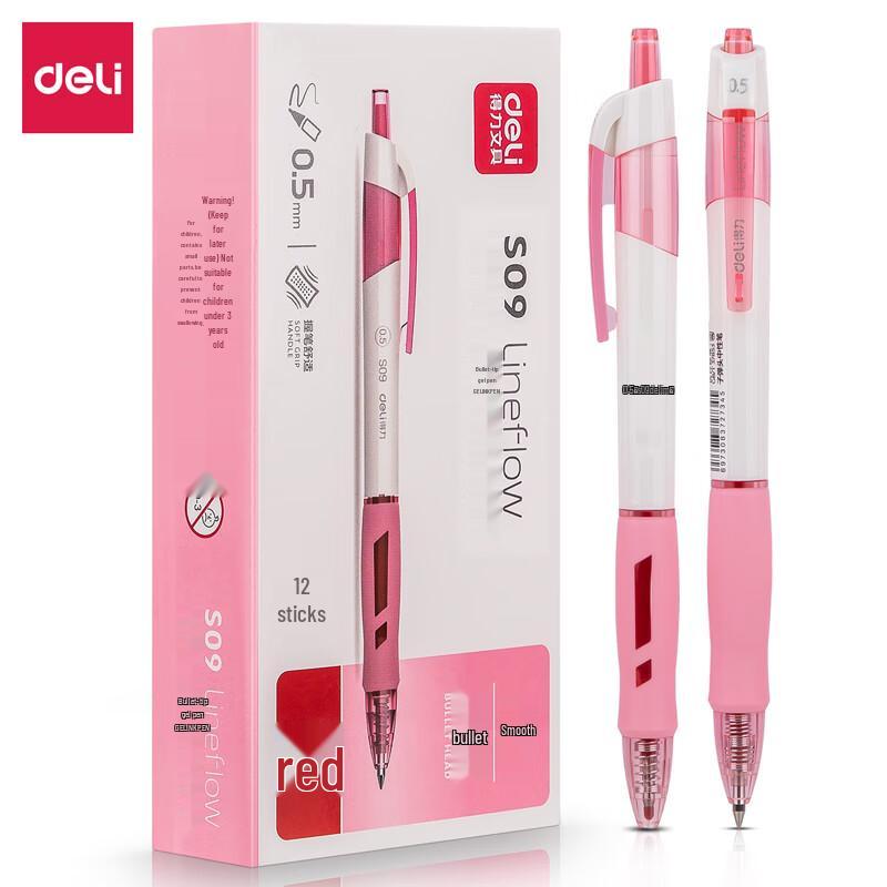 Deli S09 Premium Smooth Ret retractable Gel Pen, 0.5mm Red, 24-Count Pack