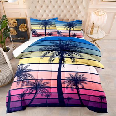 3d Digital Print Sunset Coconut Palm Fat Quilt Microfiber Cotton Bedding Three-piece Set