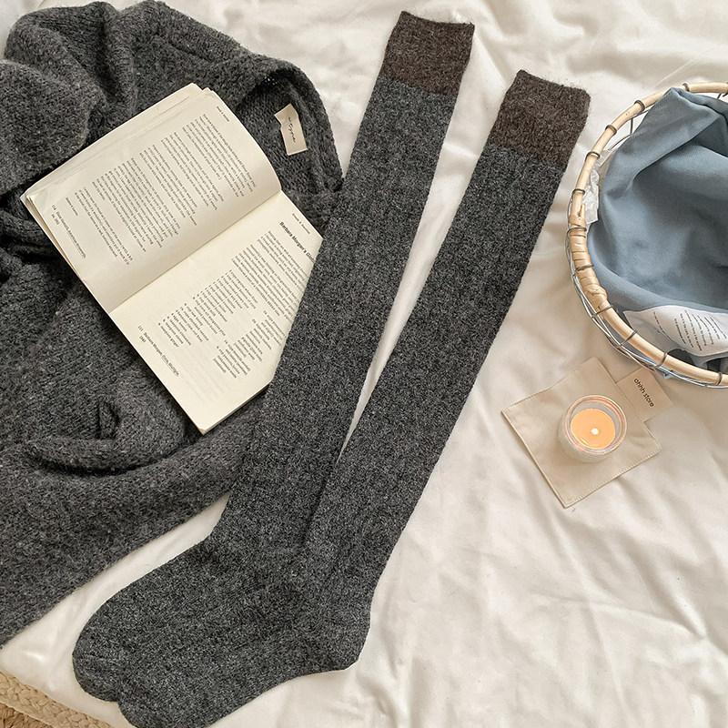 Splicing Coffee Color Thickened Knee Socks Women'S Autumn And Winter Plush Warm Plush Stockings Micro-Pressure Thin Non-Slip Thigh Socks