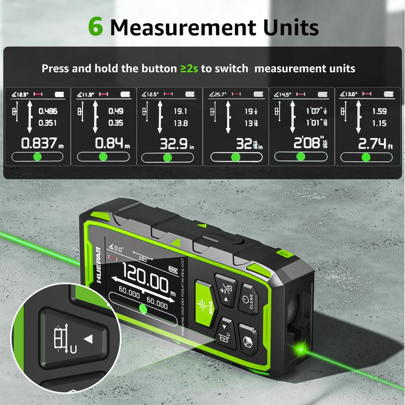 Huepar Dual Laser Rangefinder 120M/200M Green Beam Digital Laser Meter Multiple Unit Measurement Tool With Backlit LCD display