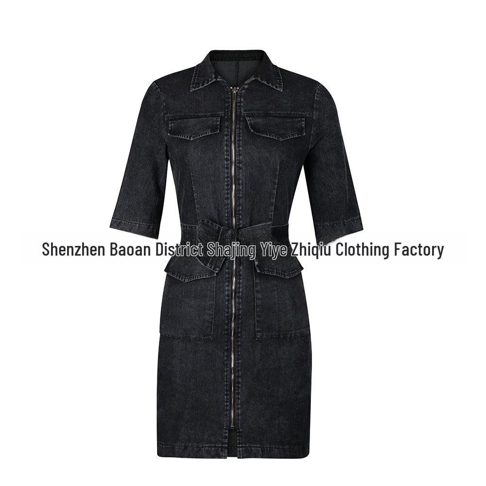 Slim Solid Color Women's Denim Dress with Zipper, Tie Waist - European & American Style