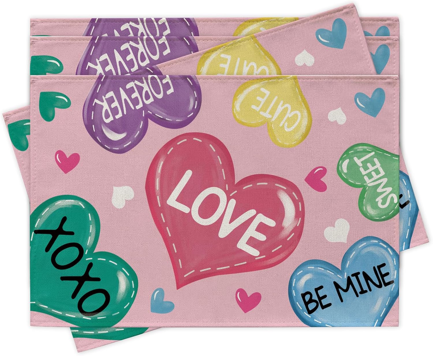

Valentines Colorful Love Hearts Placemats Set of 4, Cute Sweet Forever Be Mine Dining Place Mats Table Decor 4Pcs